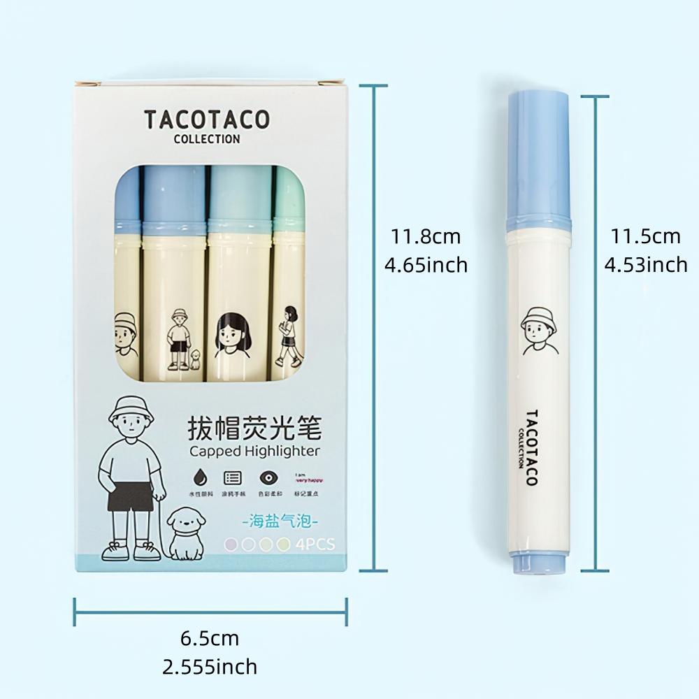 4pcs Tacotaco Color Highlighter Pens Set Cartoon Capped Art Marker for Drawing Painting Office School A7594
