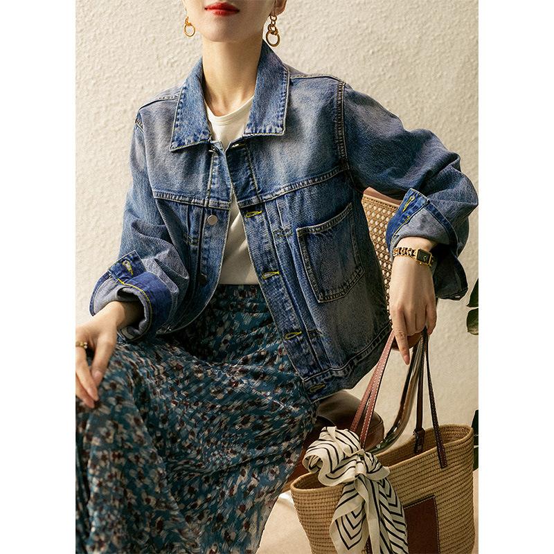 Collared denim jacket 2026 spring new women s short denim top S темно-синий