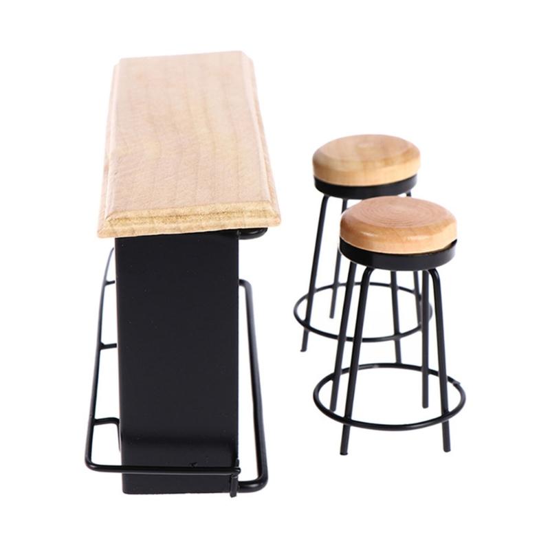 3Pieces Doll House Furniture Bar Counter with 2 Bar Stools and Bar Table for Craft Project Bar Scene Display Accessory