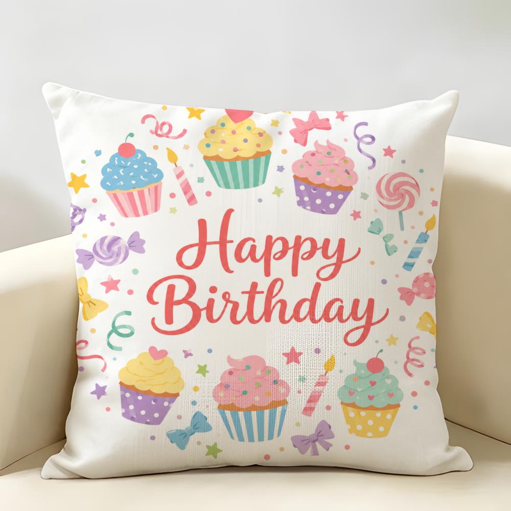 Cupcakes HAPPY BIRTHDAY Cushion Cover Durable Hypoallergenic Organic Linen Pillow Cover Short Size Washable SkinFriendly