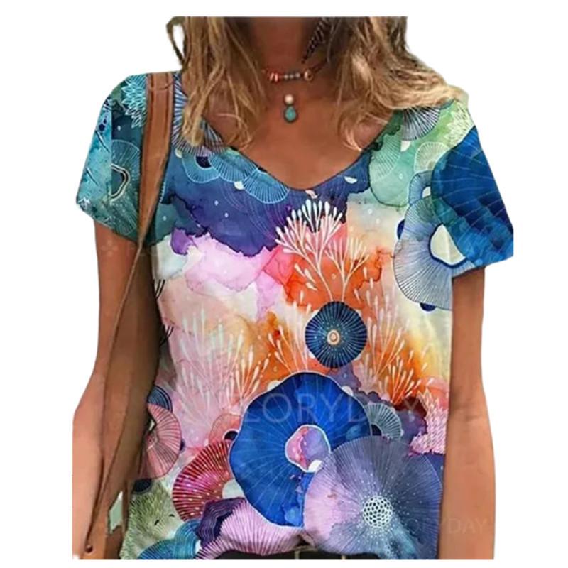 

Футболка с короткими рукавами и V-образным вырезом с принтом подсолнухов и бабочек для женщин, уличные топы S