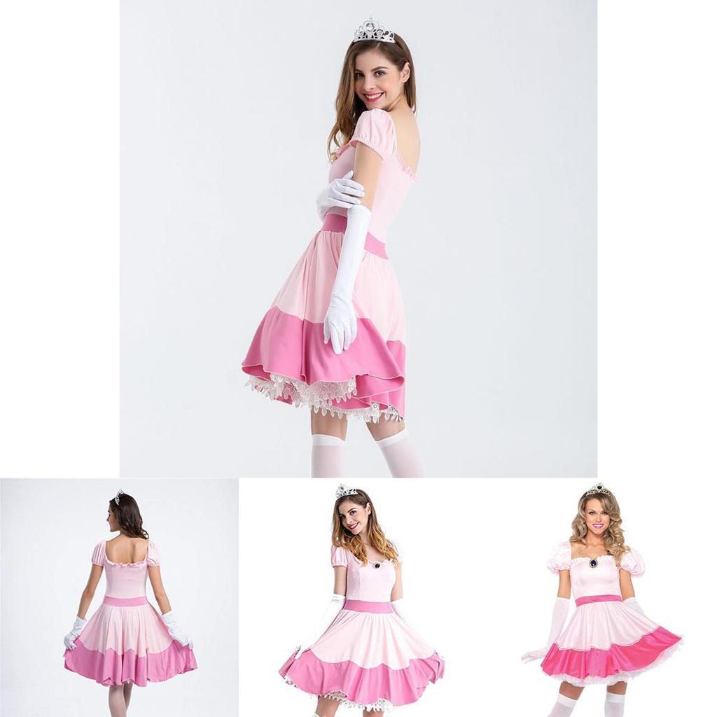 Elegant Super Mario Pink Princess Peach Costume Dress With Crown And Gloves Set
