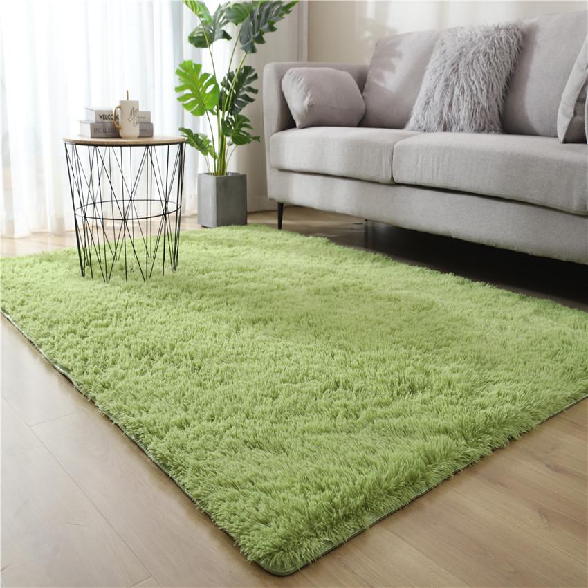 Long Pile Silk Wool Carpet - Full Coverage Bedroom and Living Room Rug, Solid Color