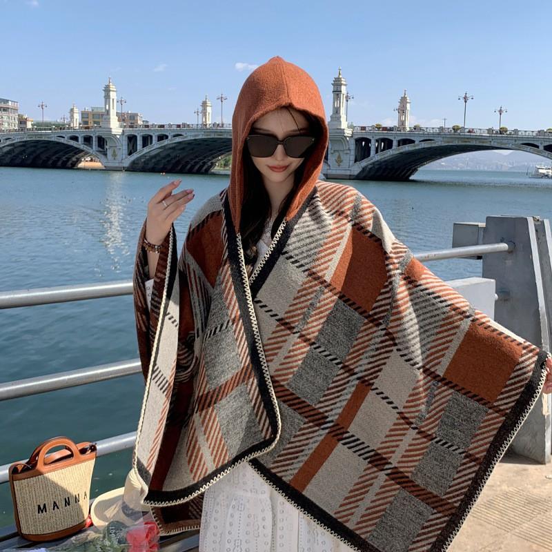 Warm Thick Plaid Hooded Cape Shawl Women Winter Cozy Wrap Scarf Lightweight Blanket Coat
