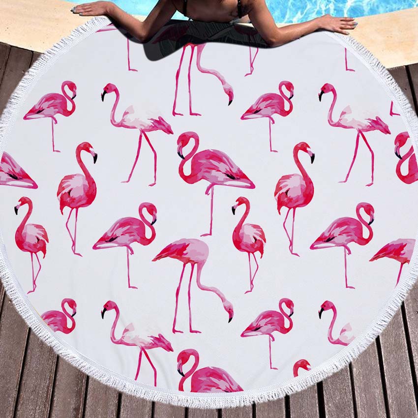 WHQ 150*150cm Flamingo Flori Imprimeu Prosop de Plajă Rotund Microfibră PROSOAPE DE DUȘ VARĂ Șal de Înot Covoraș Yoga Ciucuri