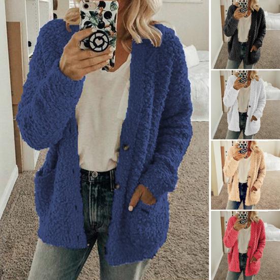 Women Sweater Coat Long Sleeve Collarless Knitting Jacket with Pockets Loose Fit Solid Color Tops Coat Autumn Winter Wear