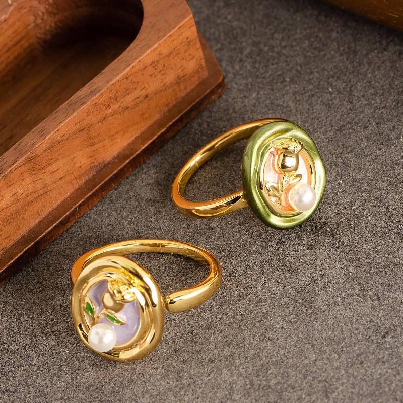 Adjustable Open Ring With Pearl Floral Motif Vintage Oil Painting Style Copper Jewelry Men Women