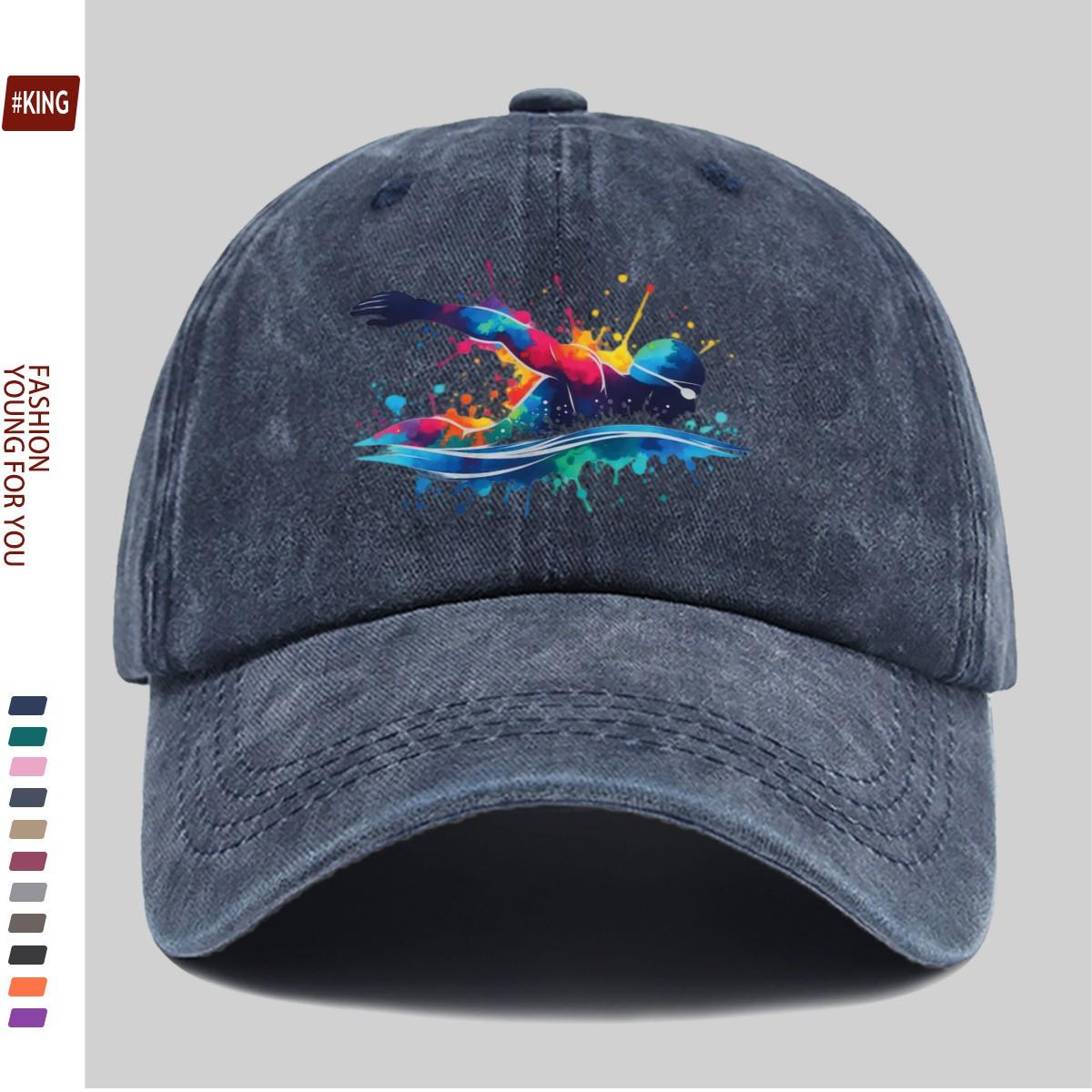 Colorful Swimmer Print Washed Baseball Cap Unisex Adjustable Cotton Street Style Outdoor Hat One Size