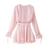 Europäisches und Amerikanisches Sexy Damen-Kleid mit Schnürung, Blumendruck und Glockenärmeln