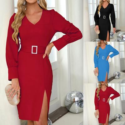 Women's Fashion Sexy Slim  And Winter V-Neck Long Sleeve Belt Hip Dresses