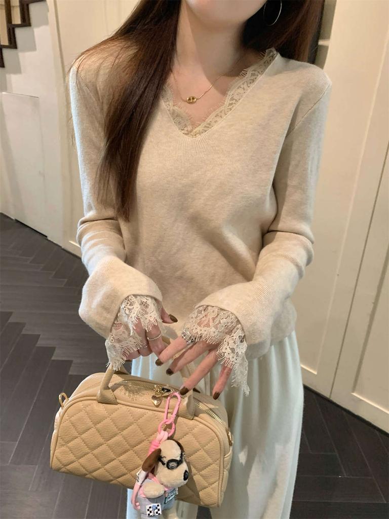 Black collar lace temperament long-sleeved bottoming shirt autumn and winter new lazy pullover with sweater knitted top women