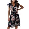 Women's Fashion Slim Sweet Sleeves Waist Floral Pleated Waist Dress