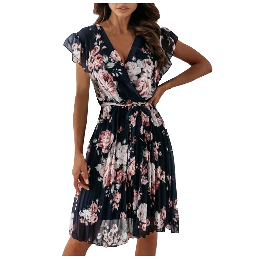Women's Fashion Slim Sweet Sleeves Waist Floral Pleated Waist Dress