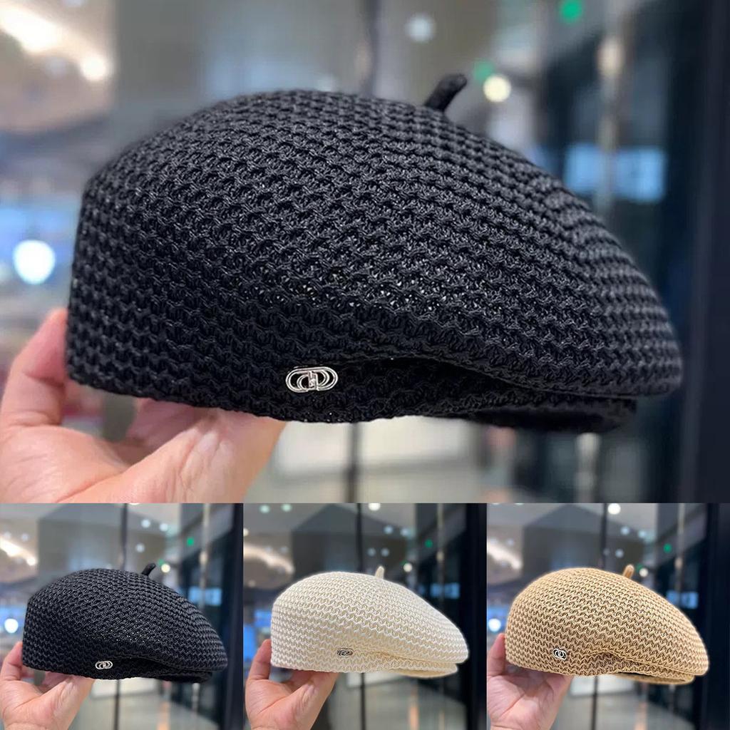 1Piece Men Elegant Solid Color Mesh Beret Side Silver Clasp Versatile Beret Outdoor Sunscreen Leisure Hat Spring Autumn Travel Tourism Beach Vacation