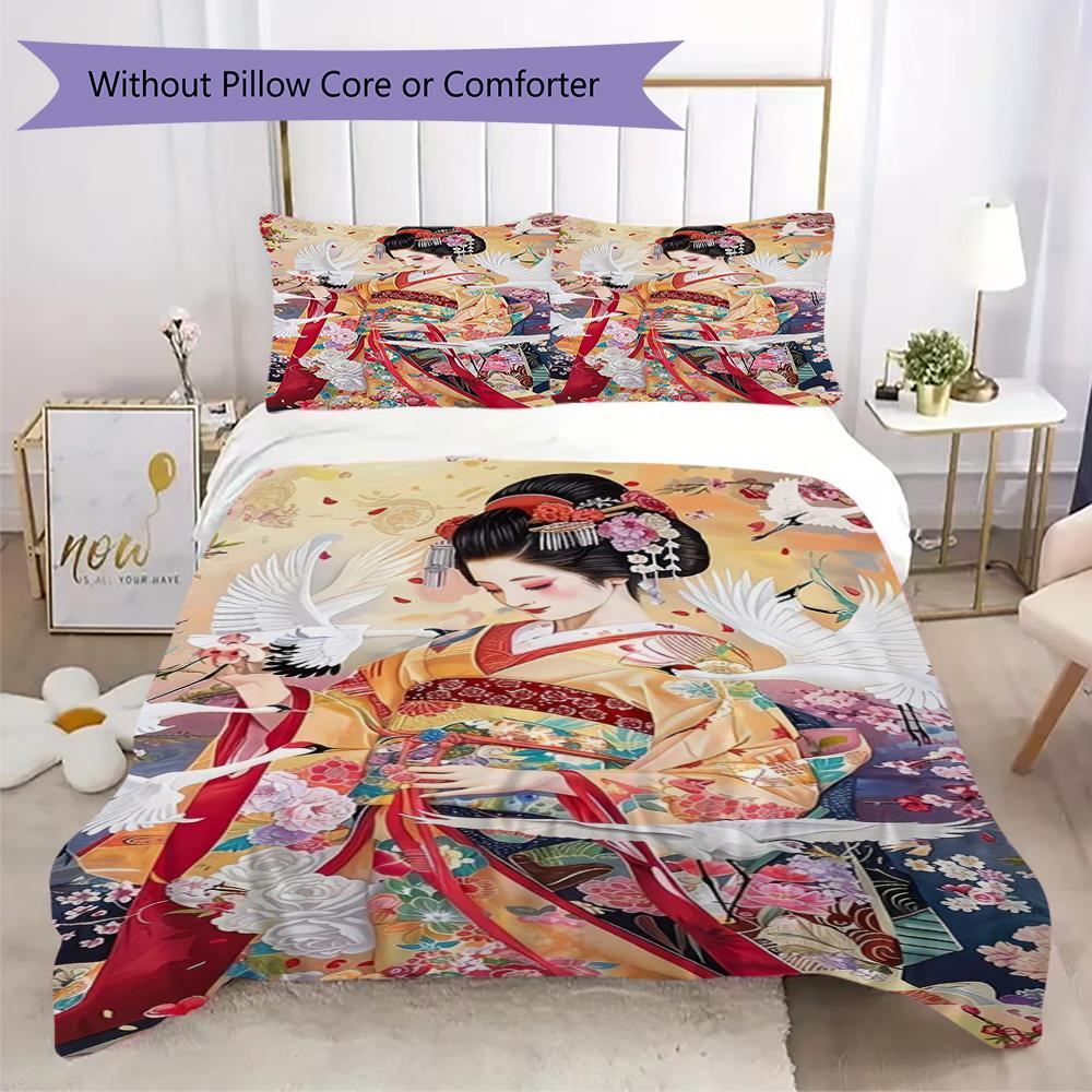 

Oriental Woman Portrait Bedspread Set, Cherry Blossom Themed 3-Piece Bedding(1 * duvet cover + 2 * pillowcase, without core) 135x200cm