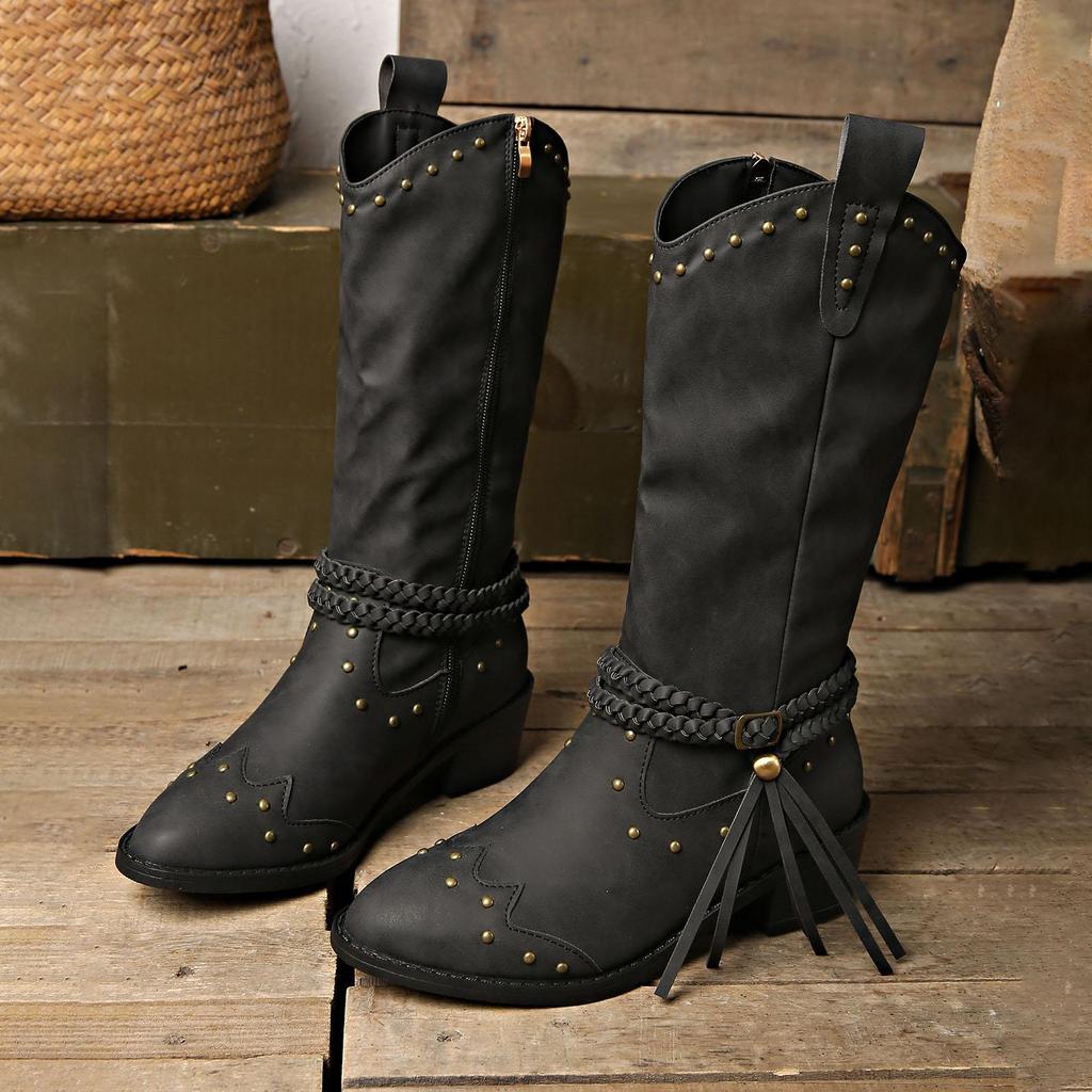 Herbst Winter Übergröße Damen PU Nieten Gürtelschnalle Martin Stiefel Bequem Warm Scharf Spitz Quaste Mid-Calf Stiefel Schuhe 36-42