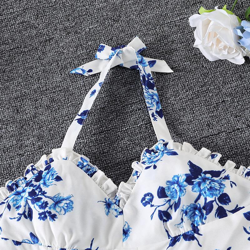 Dívčí elegantní květinové šaty - Letní dětské sladké šaty na ramínka s výstřihem do V bez ramínek