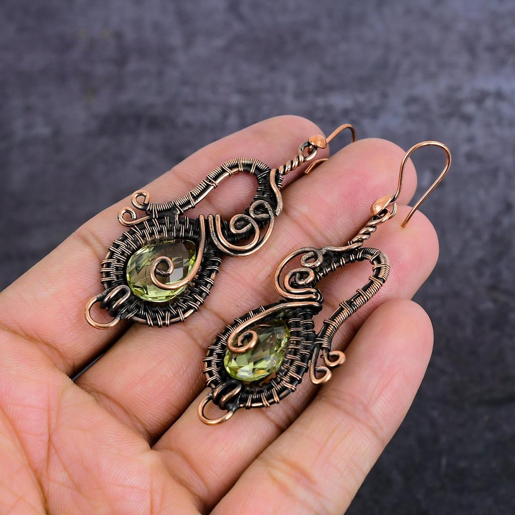 Peridot Handmade Copper Wire Wrap Jewelry Earring 2.84" S0i67