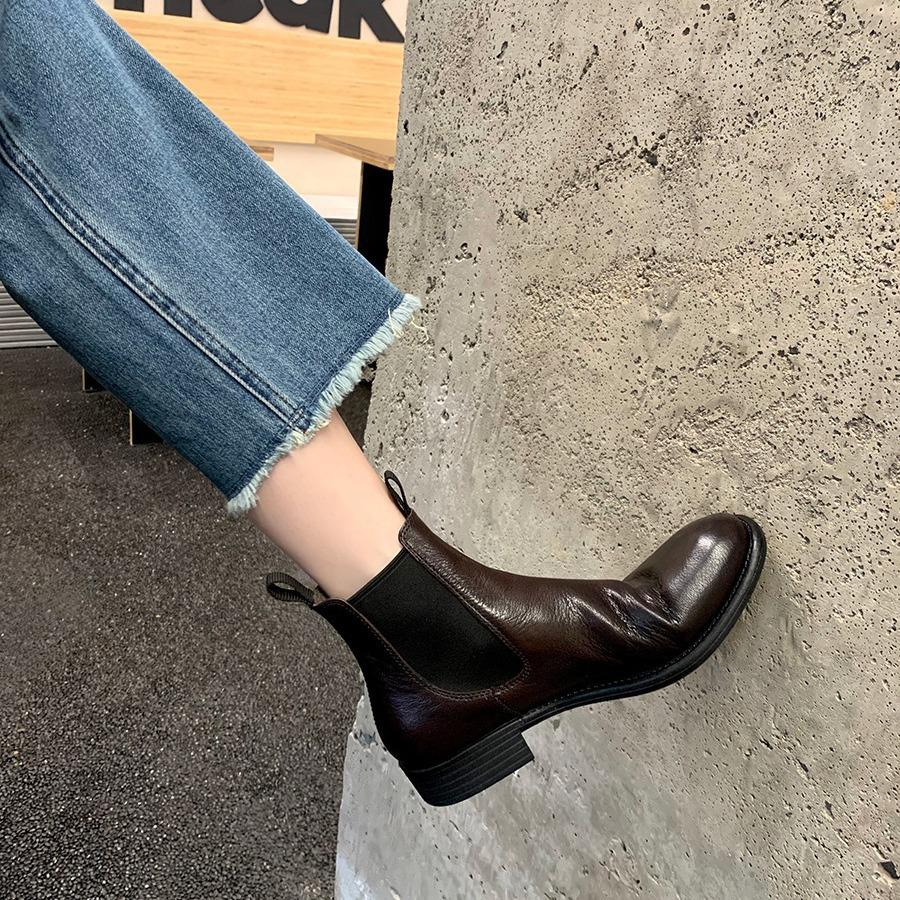Handmade real cowhide~ Grape mother same British style Chelsea boots women's retro genuine leather Martin boots cigarette tube short boots