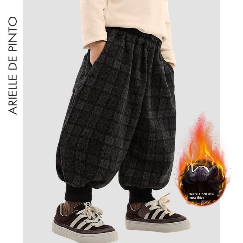 French Arielle De Pinto Boys  Fleece-Lined Pants, Winter Korean Style Jogger Pants, Soft and Warm Plaid Pants Gray 130