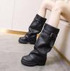 Fashion 9.5cm Synthetic Leather Women Hidden Heel Booties Boots Platform Wedge Fashion Autumn Spring Block Knee High Boots Shoes
