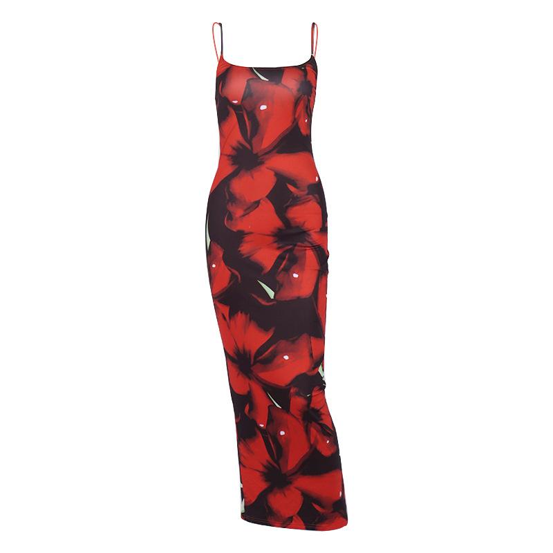 Dress, European and American sexy print halter split one-step skirt suspender dress