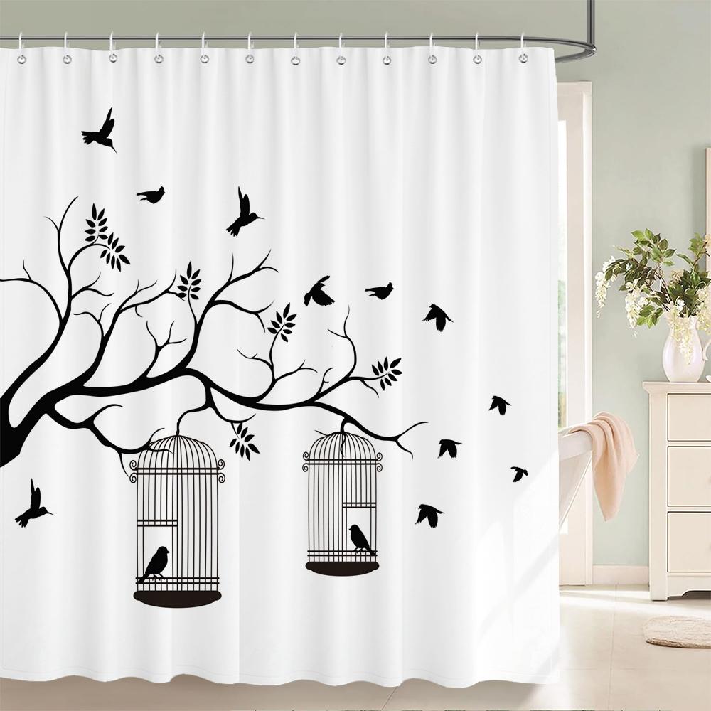 Nordic minimalist art printing Shower Curtain, Waterproof Fabric Flower and leaf Bird pattern Bathroom Curtain for Bathtub Decor