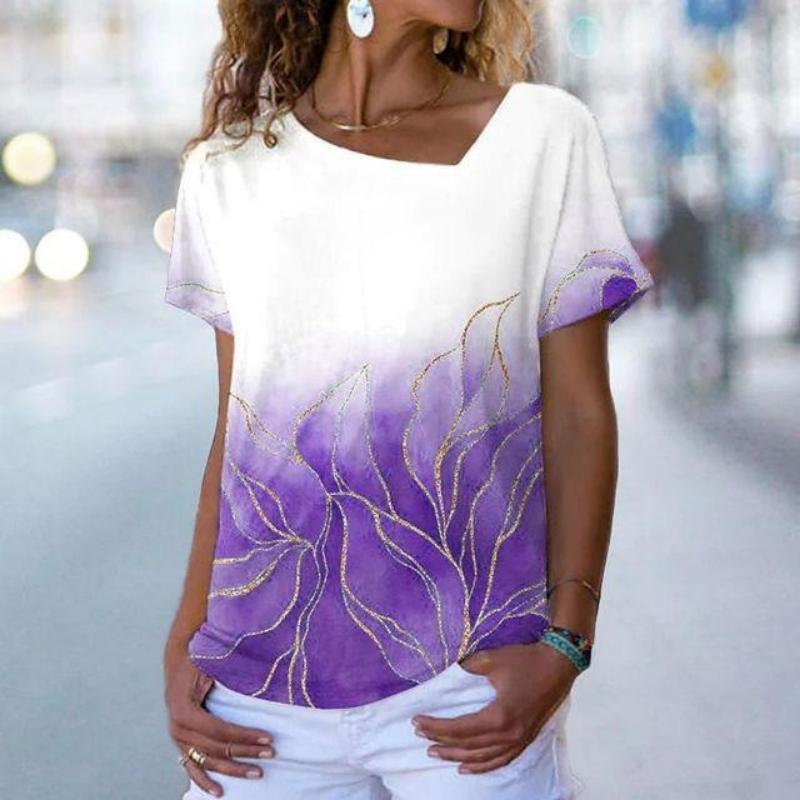 

Женские летние топы Модная одежда больших размеров Футболка с коротким рукавом Женские повседневные топы с нерегулярным v-образным вырезом и цветочным принтом Свободные хлопковые футболки 8XL фиолетовый