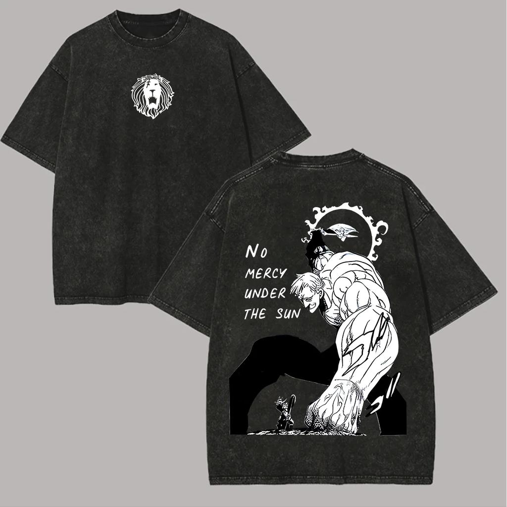 Anime-Liebhaber Sieben Todsünden Escanor Bedrucktes Unisex Gewaschenes Oversized T-Shirt Unisex Baumwolle Streetwear Kurzarm Unisex Kleidung