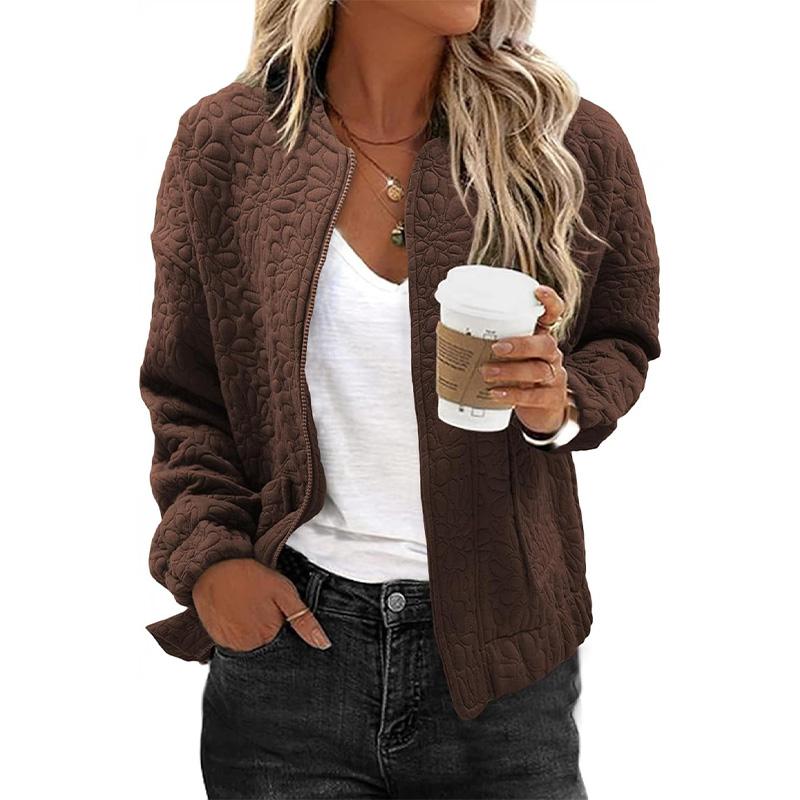 Damen Herbst Winter O-Ausschnitt Langarm Reißverschlussmantel Große Tasche Warmer Parka Schicke Einfarbige Jacke