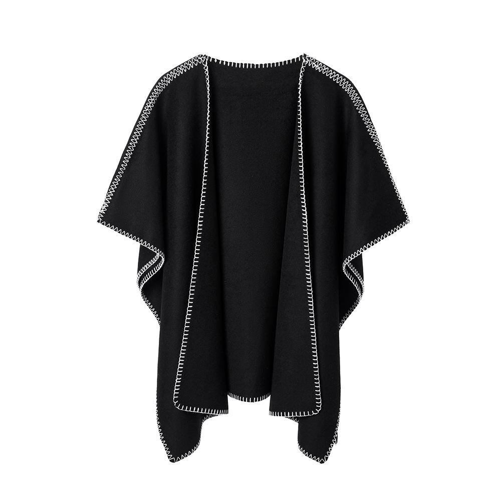 Women Double‑Sided Wool‑Feel Cape Shawl, Stitched Edge Open Front Poncho Wrap, 160×112cm Thick Warm Oversized Outer Shawl for Autumn Winter