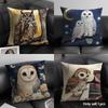 Owl Painting Cushion Cover Natural Linen Organic Fabric Double-Sided Printing Sofa Home Decor Gift Pillow Case