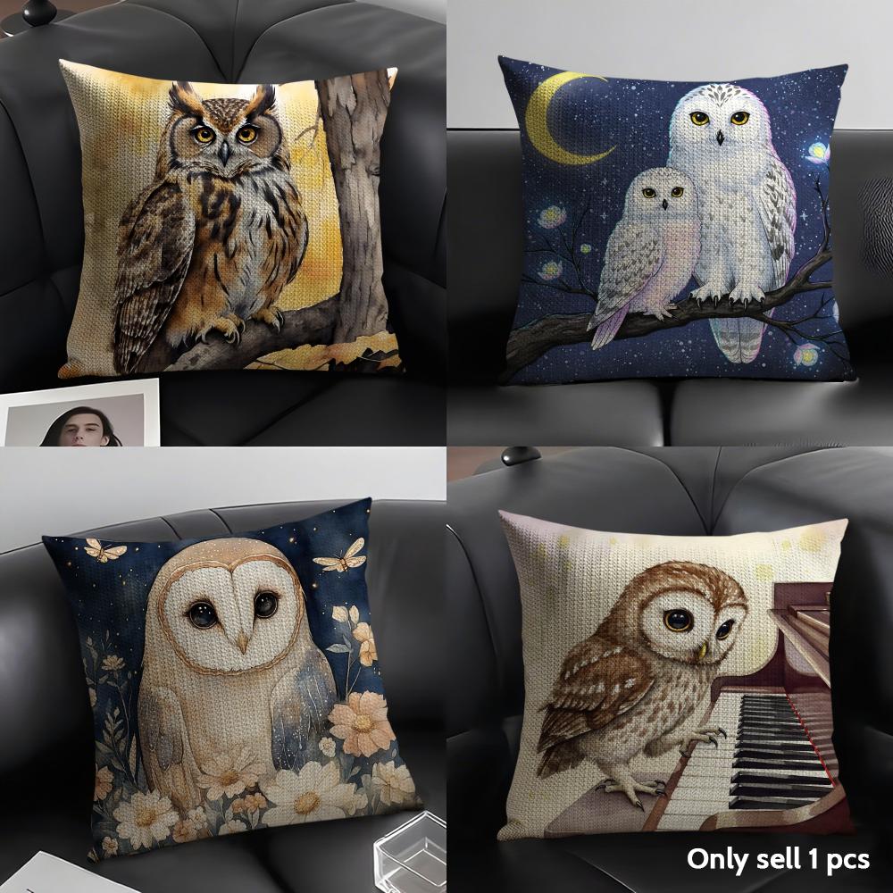 Owl Painting Cushion Cover Natural Linen Organic Fabric Double-Sided Printing Sofa Home Decor Gift Pillow Case
