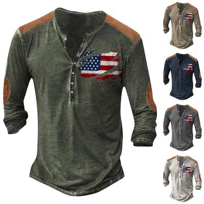 Męska koszulka z nadrukiem Outdoor Retro Guziki Luźny Długi Rękaw Top