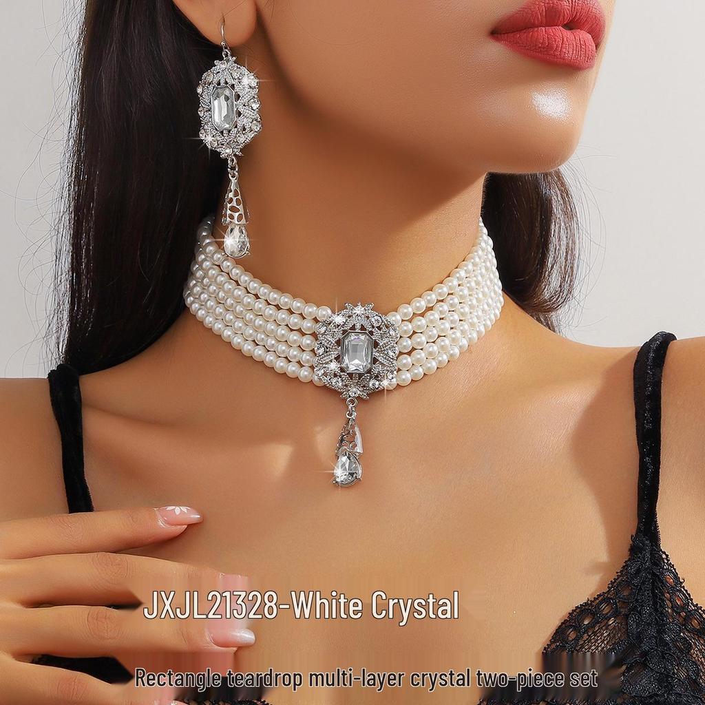 Luxusní vícevrstvý geometrický křišťálový choker a sada barevných náušnic