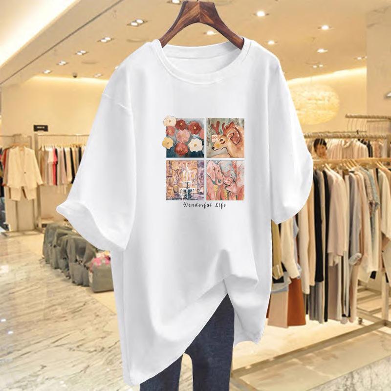 Dark green short-sleeved t-shirt women's large version loose pure cotton medium and long belly-covering and thin half-sleeved t-shirt ns tide