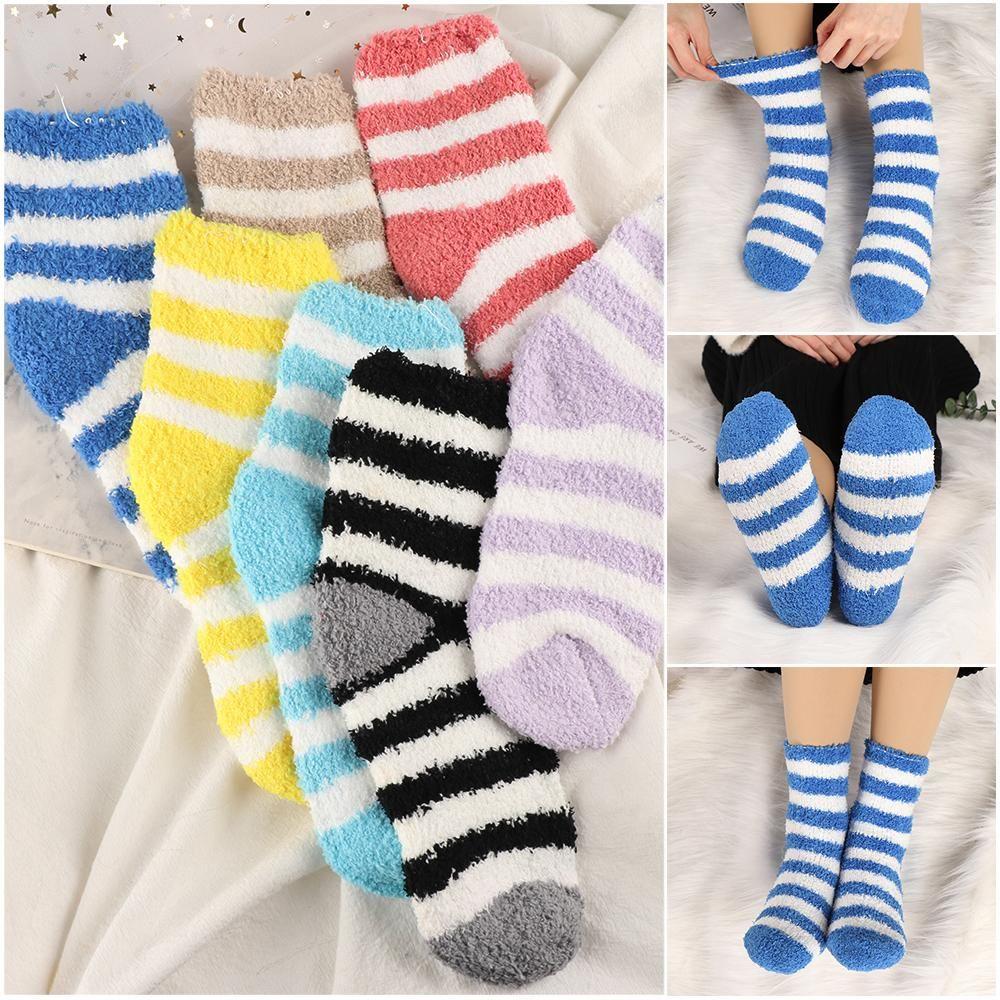 5Pairs Fluffy Plush Winter Warm Thickening Sleep Bed Sock Stripe Sox Coral Velvet Socks