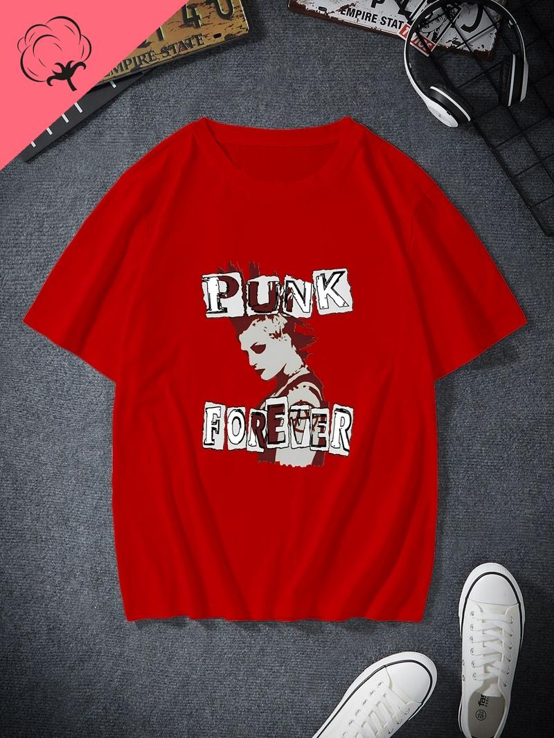PUNKS NOT DEAD  Retro Punk Music Patterned Printed Fashion T-Shirt, Classic Rock Music Casual Cotton T-Shirt S