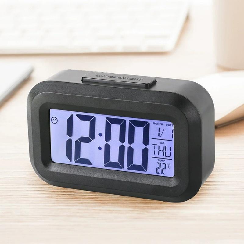 

12/24-часовой светодиодный цифровой дисплей будильник домашний прикроватный питание от батареи многофункциональный повтор/температура ночник будильник дата чёрный