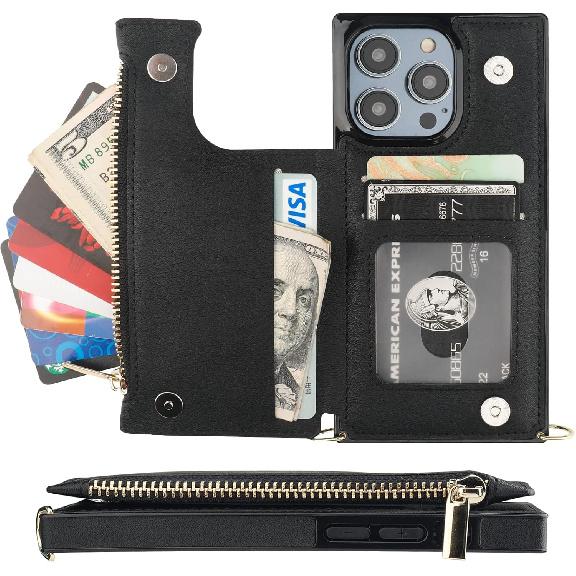 Bocasal Crossbody Wallet Case for iPhone 14 Pro with RFID Blocking Card Slot Holder, Magnetic Flip Folio Purse Case, PU Leather Zipper Handbag with