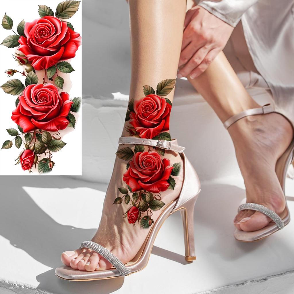 1 Sheet Colorful 3D Rose Flower Butterfly Temporary Tattoos For Women Adults Hand Foot, Waterproof Realistic Fake Tattoo Sticker