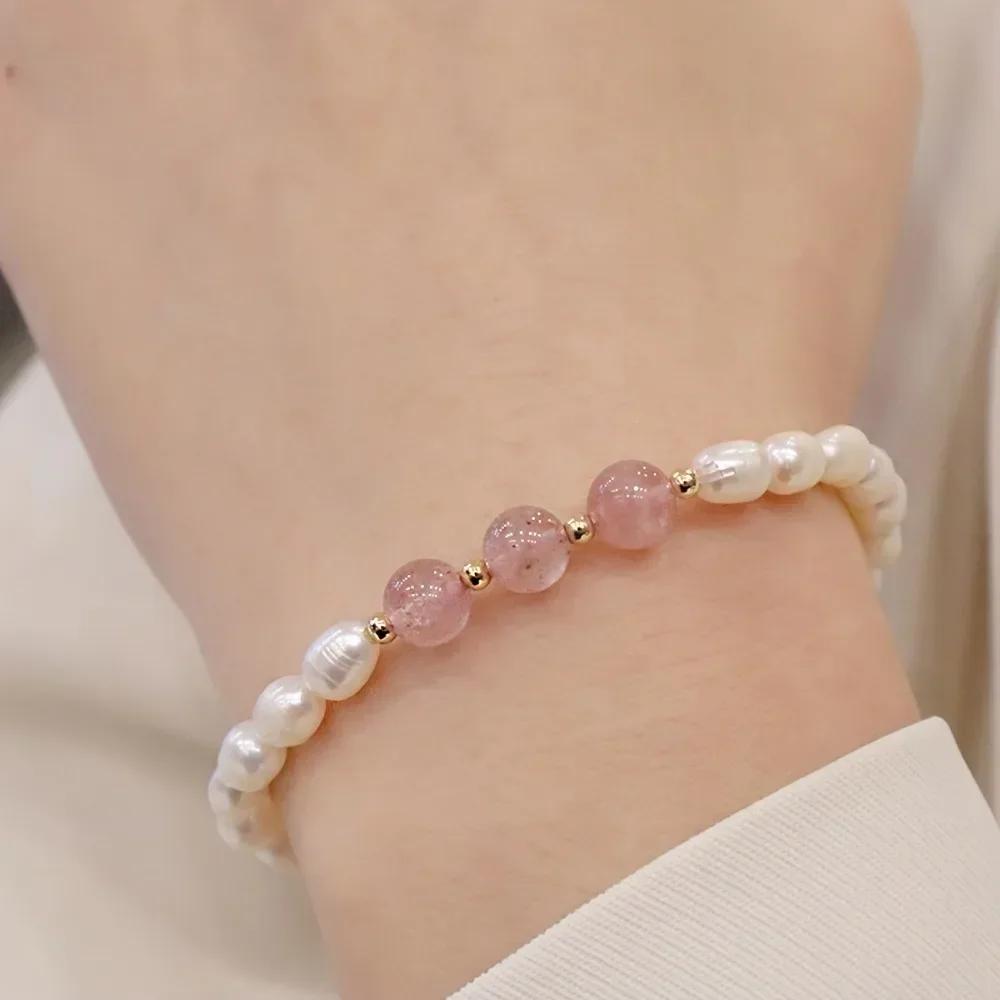 HENGSHENG 6-7mm Rice Shape Freshwater Pearl Bracelet for Women 19.5cm Elastic Rope Moonstone Crystal Bracelet Jewelry Gifts