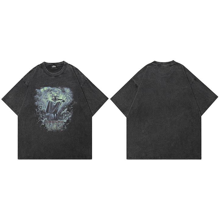 Hip Hop Faded Black TShirt Streetwear Scary Cartoon Graphic T Shirt Gothic Style Printed Men Tshirt  Cotton Tops Tees
