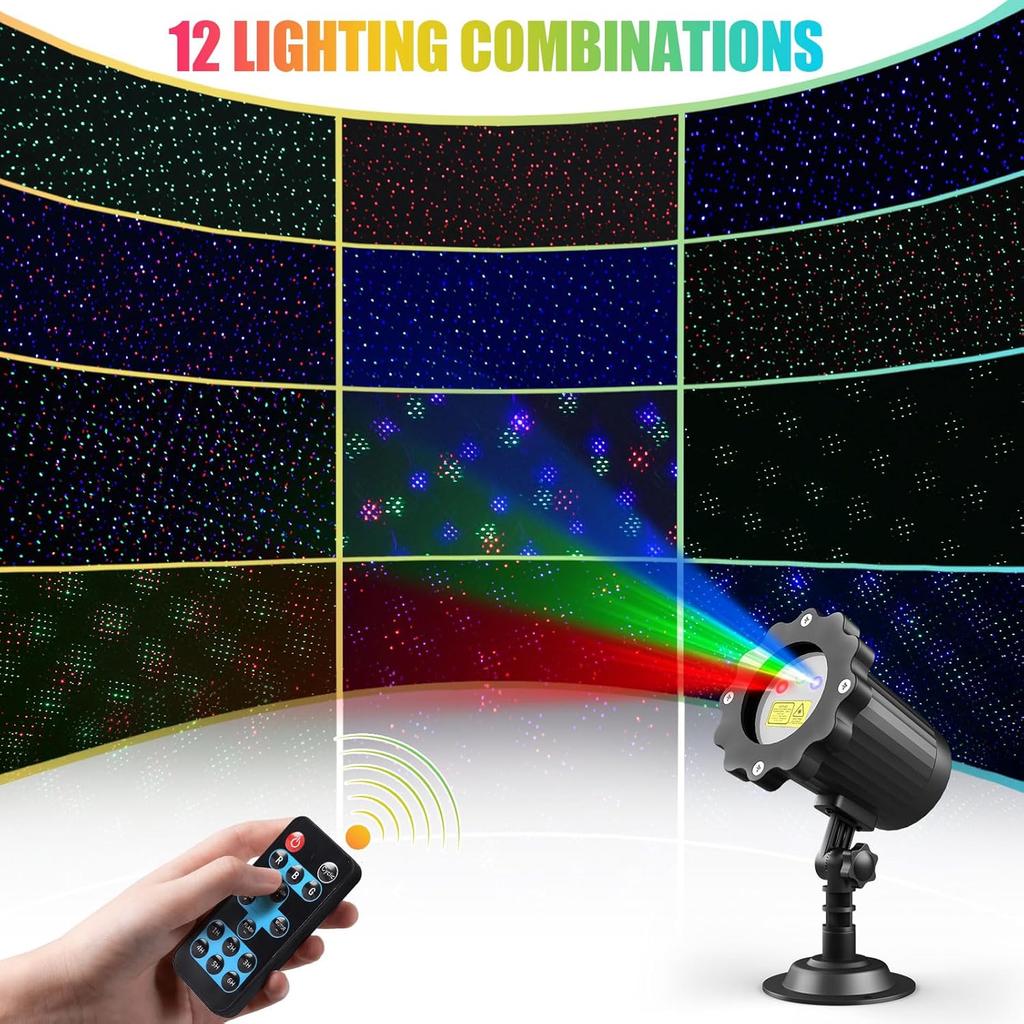 Waterproof Firefly Laser Projector Lights Outdoor,12 Effect Moving RGB Lights Show Laser Projection with RF Remote and Timer for Wedding Halloween