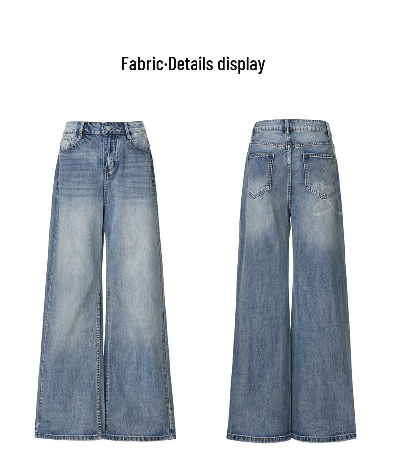 2026 Spring Korean High-Waist Printed Denim Straight-Leg Jeans for Women - Loose, Drape, Floor-Length Style