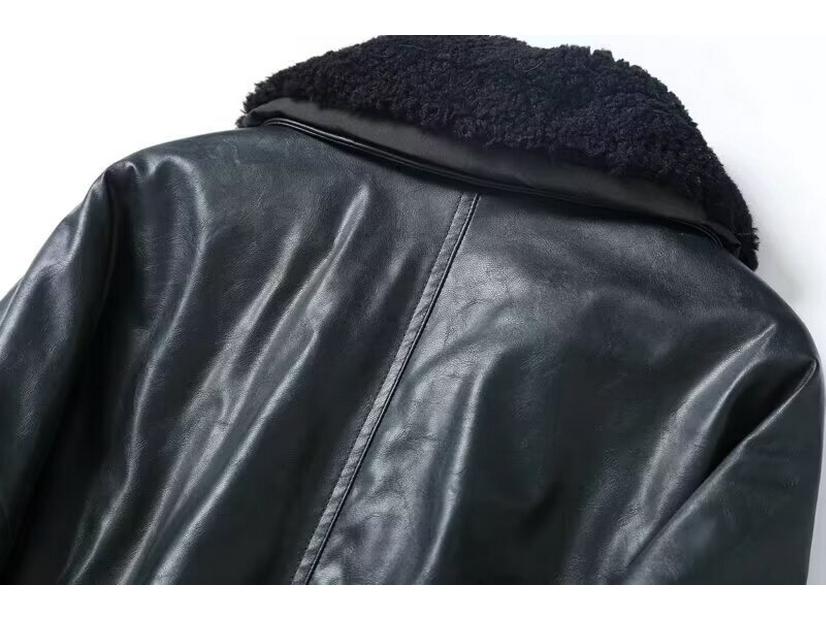 2024 A/W Women's Loose Faux Leather Coat with Removable Fur Collar - Style 24188