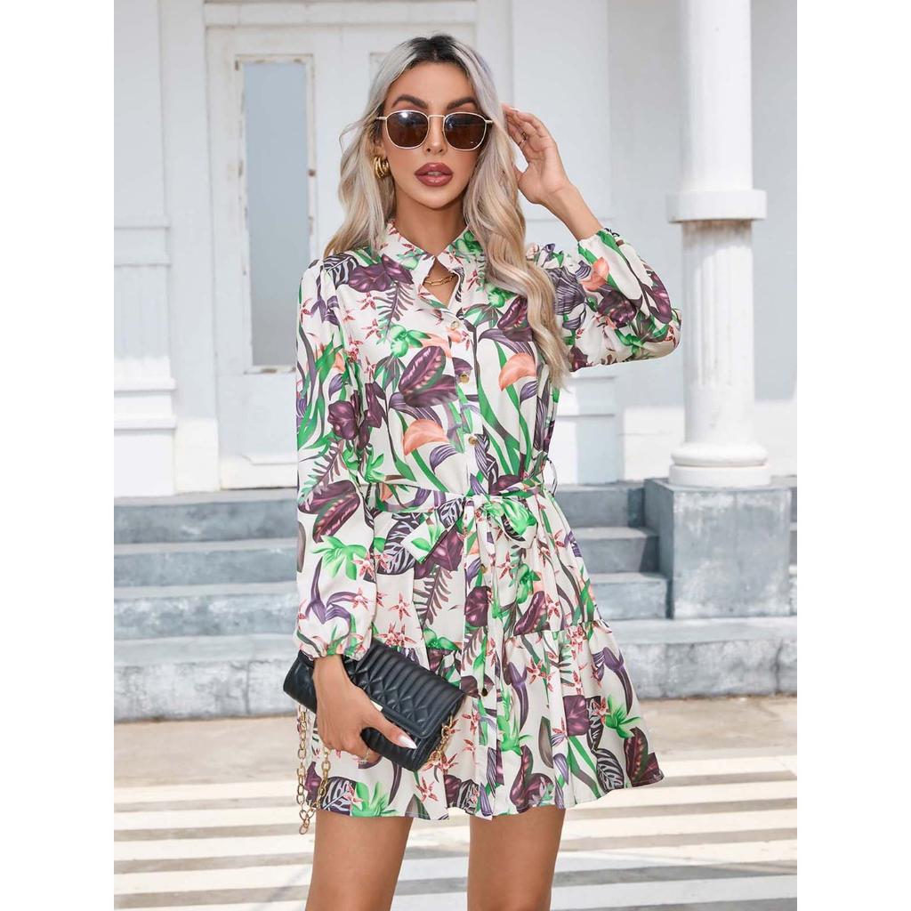 Women's Fall Winter Long Sleeve Printed Button Dress, European & American Style Casual Dress for Crossborder Outwear