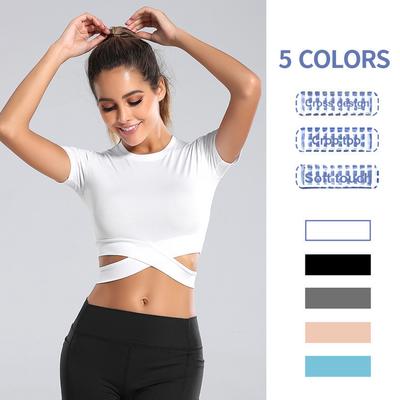 Women's Cropped Muscle Fit Cross T-Shirt Activewear Yoga Top Running Short Sleeve