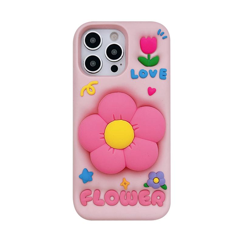 

Cute 3D Flower Holder Stand Soft Silicone Phone Case For iPhone 13 14 15 16 17 Pro Max Shockproof Back Cover iPhone 12 Pro