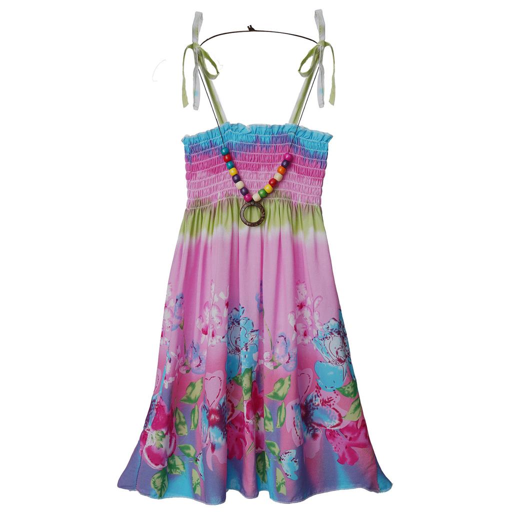 Girls Bohemian Beach Dress Off Shoulder Floral Sleeveless Rainbow Straps Suspender Dress with Necklace Summer Outfit